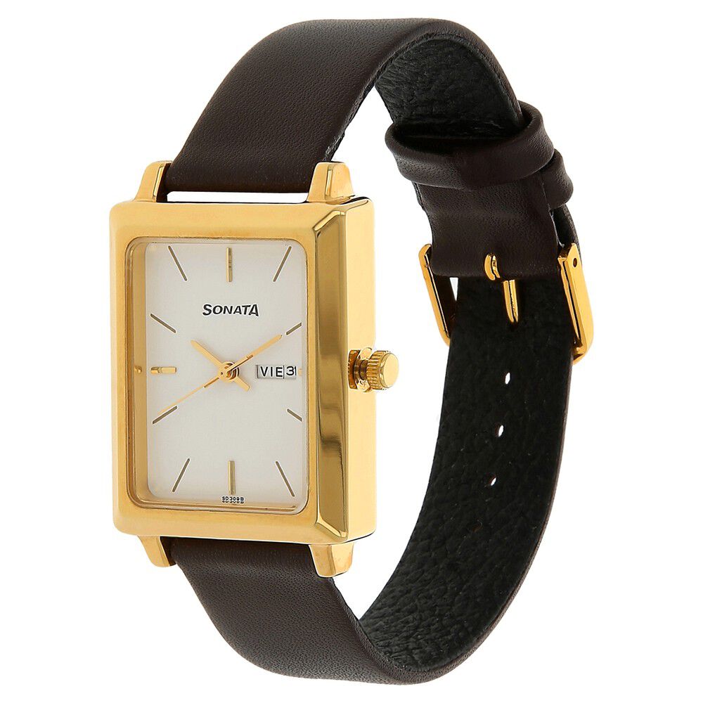 Sonata Quartz Analog with Day and Date White Dial Leather Strap