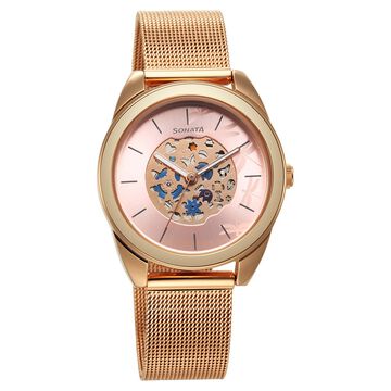 Sonata Unveil Quartz Multifunction Pink Dial Stainless Steel Strap Watch for Women