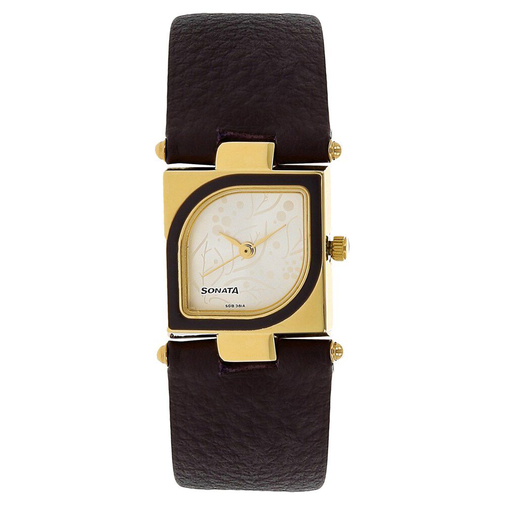 Buy Online Sonata Quartz Analog Champagne Dial Leather Strap Watch for Women ns8919yl04 Sonata