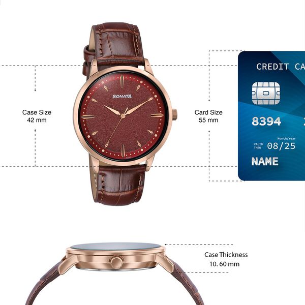 Sonata Jashn Quartz Analog Red Dial Brown Leather Strap Watch For Men - image number 3