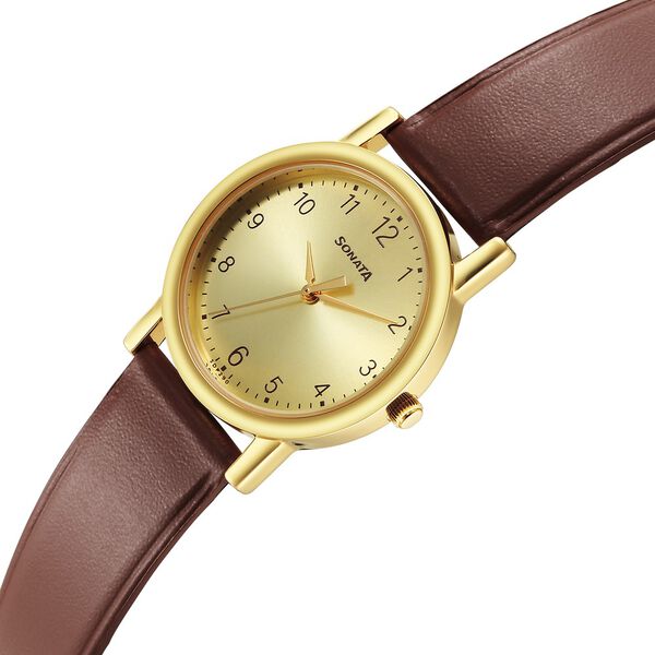 Sonata Classic Quartz Analog Champagne Dial Brown Leather Strap Watch for Men - image number 2