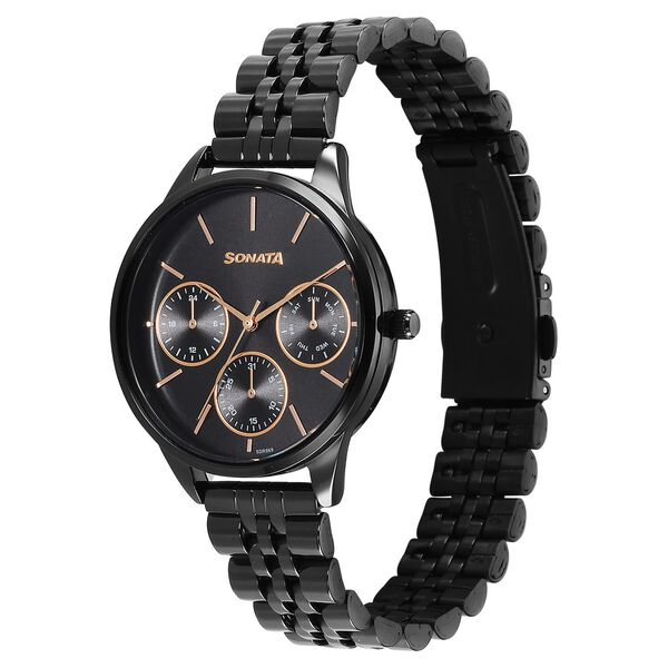 Sonata Eternia Quartz Multifunction Black Dial Metal Strap Watch For Women - image number 1