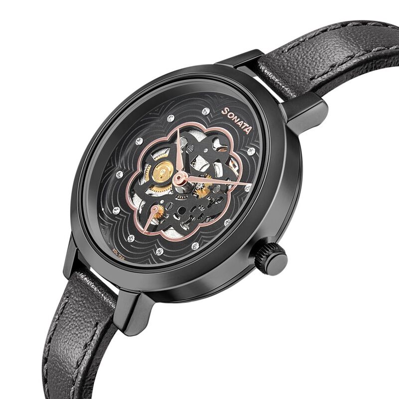 Sonata Unveil Black Dial Women Watch With Leather Strap - image number 2