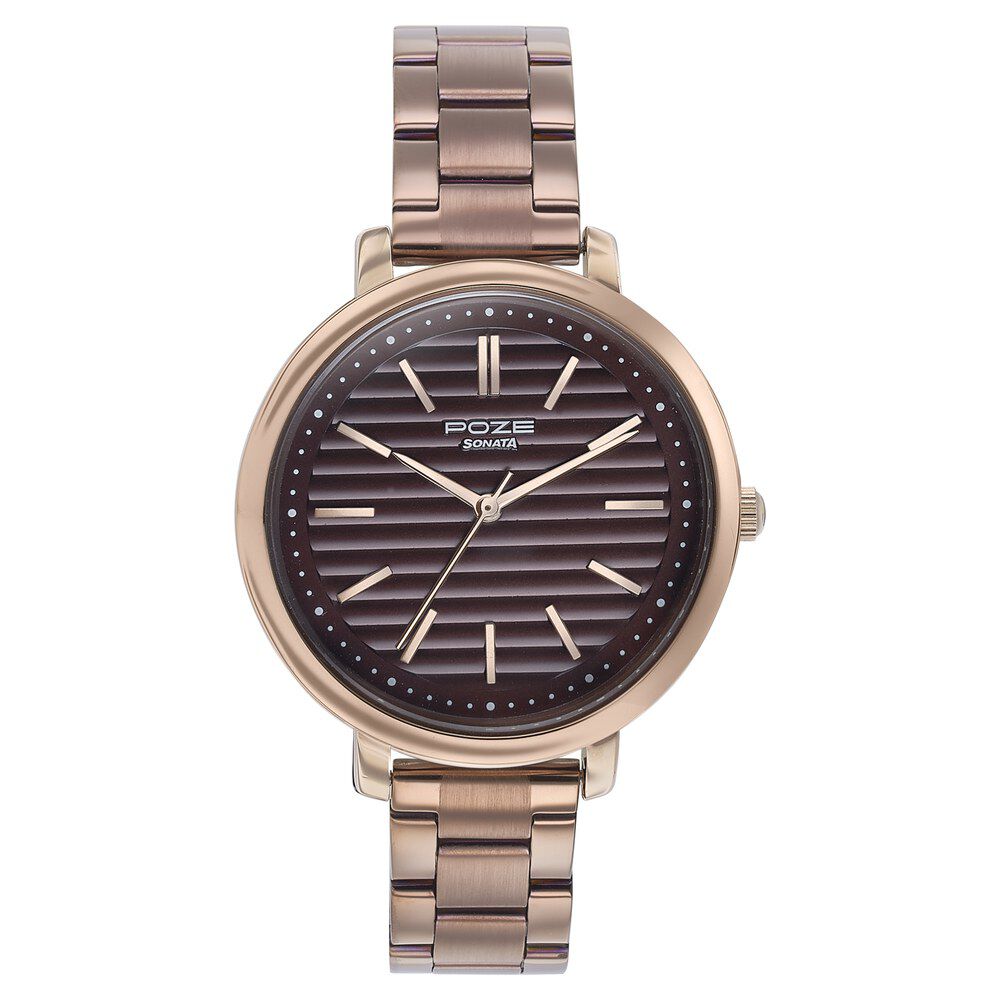 Buy Online Sonata Poze Quartz Analog Brown Dial Brown Color Stainless Steel Strap Watch For Women sp80081km01wf Sonata