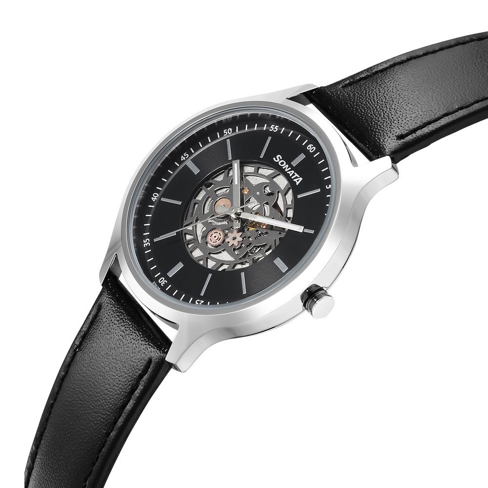 Buy Online Sonata Unveil Quartz Multifunction Black Dial Leather Strap Watch for Men 7140sl05 Sonata