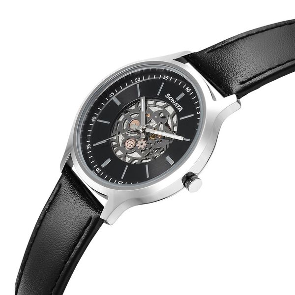Sonata Unveil Quartz Multifunction Black Dial Leather Strap Watch for Men - image number 2