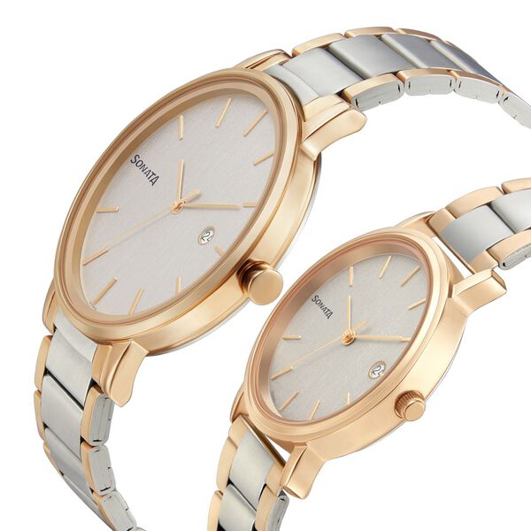 Sonata Quartz Analog with Date White Dial Metal Strap Watch for Couple - image number 2