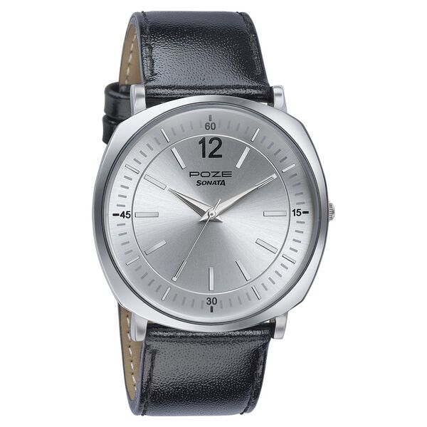 Sonata Poze Quartz Analog Silver Dial Black Color Leather Strap Watch For Men - image number 2