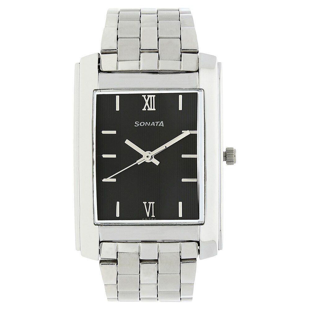 Buy Online Sonata Quartz Analog Black Dial Metal Strap Watch for