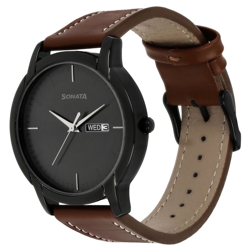 Sonata Quartz Analog with Day and Date Anthracite Dial Leather Strap Watch for Men - image number 2