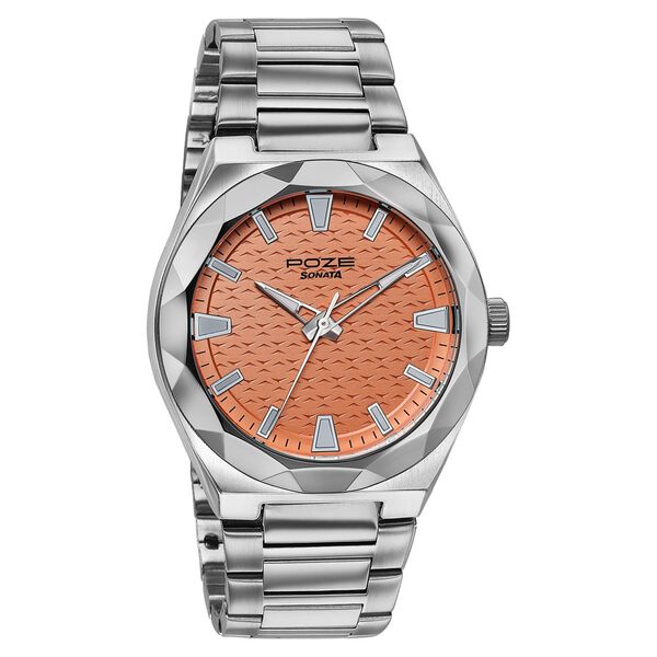 Poze Poze Quartz Analog Orange Dial Silver Metal Strap Watch For Men - image number 2