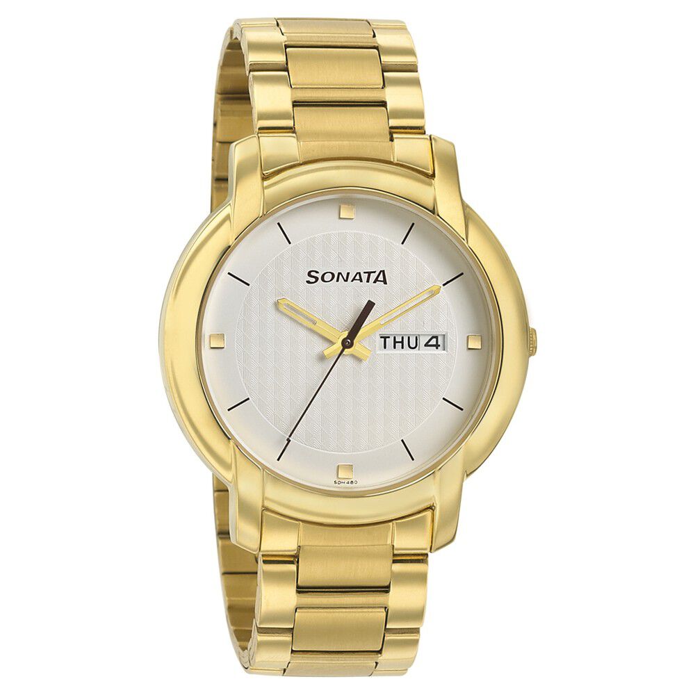 Buy Online Sonata Quartz Analog with Day and Date White Dial Stainless Steel Strap Watch for Men ns7954ym05 Sonata