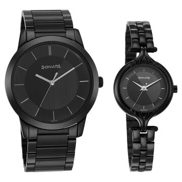 Sonata Quartz Analog Black Dial Stainless Steel Strap Watch for Couple