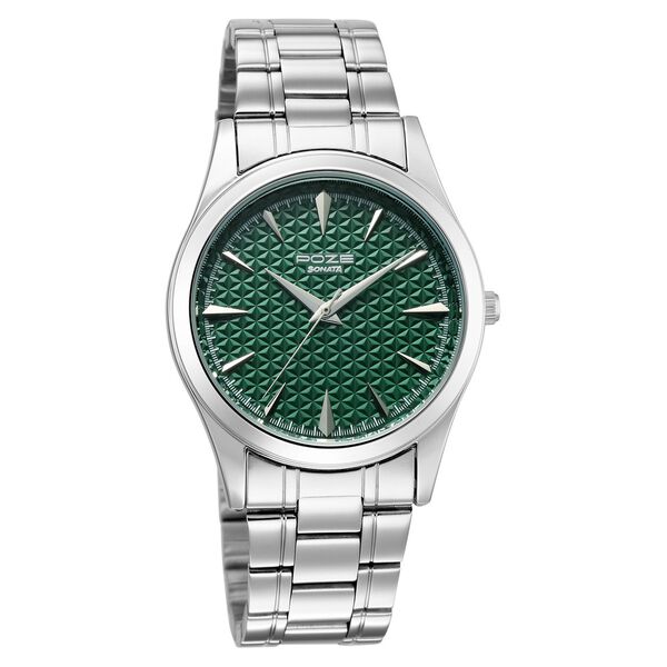 Poze By Sonata Quartz Analog Green Dial Silver Metal Strap Watch For Men - image number 1