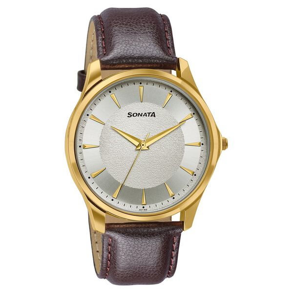 Sonata Traditional Essentials Silver Dial, Gold tone case Burgundy Genuine Leather Strap Watch - image number 1