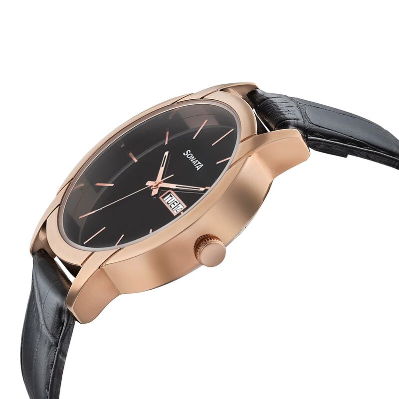 Sonata Beyond Gold Quartz Analog with Day and Date Black Dial Leather Strap Watch for Men - image number 2
