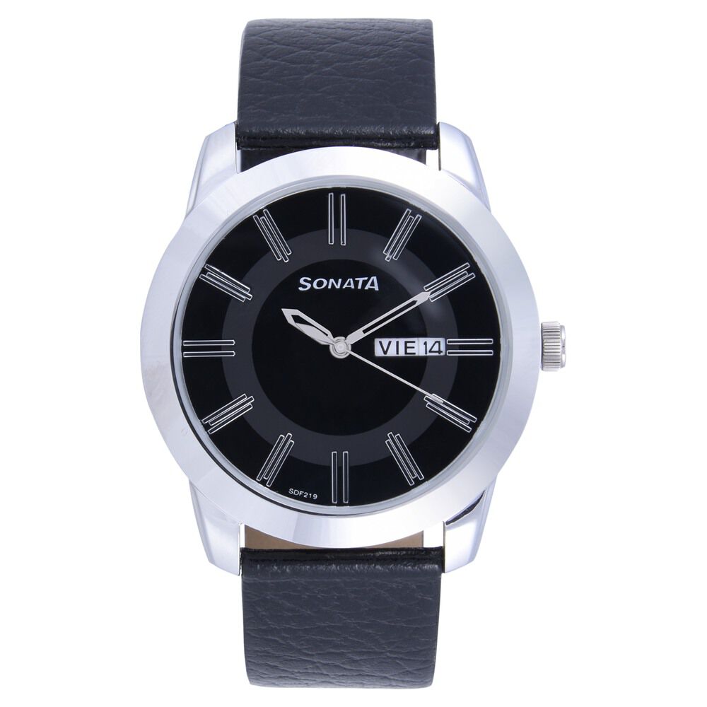 Buy Online Sonata Quartz Analog Black Dial Leather Strap Watch for Men np7924sl10 Sonata