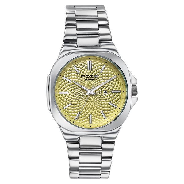 Sonata Poze Quartz Analog Yellow Dial Silver Colour Stainless Steel Strap Watch For Men - image number 2