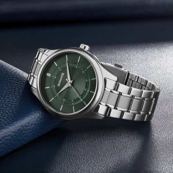 Sonata Quartz Analog Green Dial Silver Stainless Steel Strap Watch For Men - image number 0