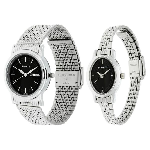 Sonata Quartz Analog with Day and Date Black Dial Metal Strap Watch for Couple - image number 1