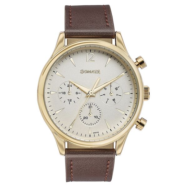 Sonata Quartz Multifunction Golden Dial Brown Leather Strap Watch For Men - image number 1