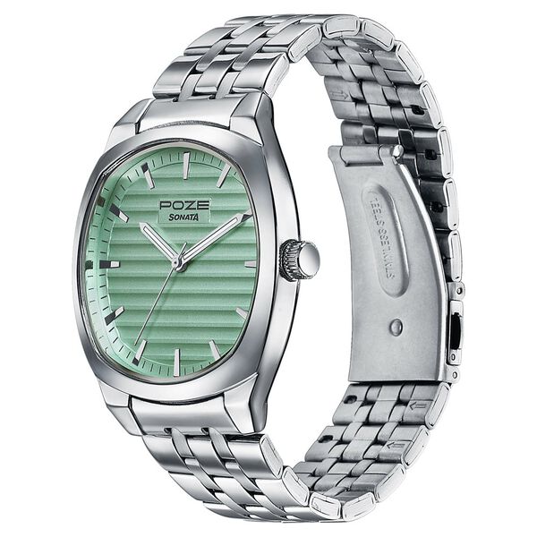 Poze By Sonata Quartz Analog Green Dial Silver Metal Strap Watch For Men - image number 4
