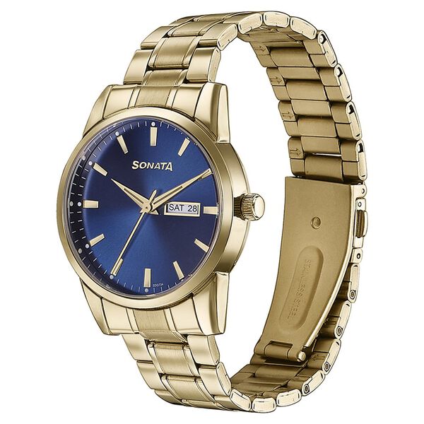 Sonata Quartz Analog with Day and Date Blue Dial Golden Stainless Steel Strap Watch For Men - image number 3