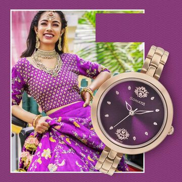 Sonata Wedding Purple Dial Women Watch With Stainless Steel Strap