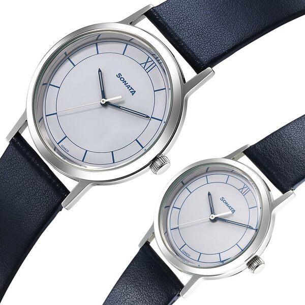 Sonata Pairs Quartz Analog White Dial Black Leater Strap Watch for Couple - image number 1