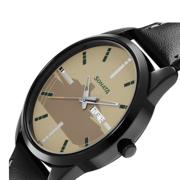 Sonata Force Quartz Analog with Day and Date Off White Dial Leather Strap Watch for Men - image number 4