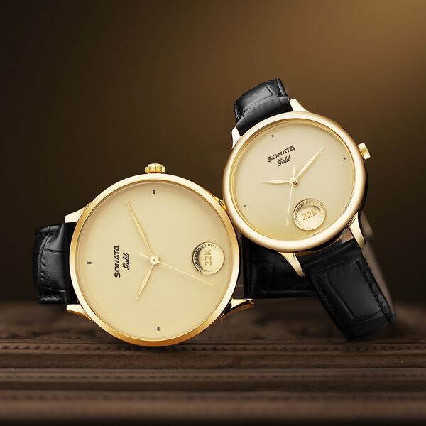 Sonata Gold Quartz Analog Champagne With Gold Coin Dial Black Leather Strap Watch For Men - image number 1