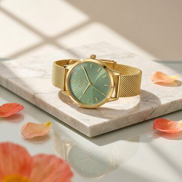 Poze By Sonata Quartz Analog Green Dial Golden Metal Strap Watch For Women