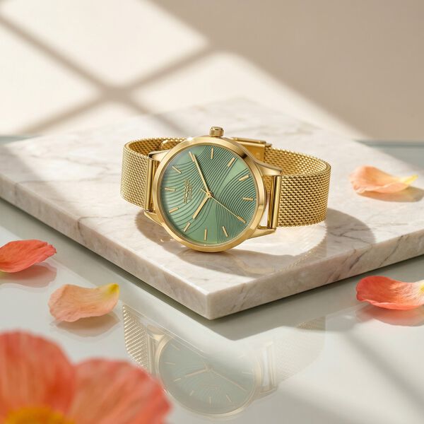 Poze By Sonata Quartz Analog Green Dial Golden Metal Strap Watch For Women - image number 0
