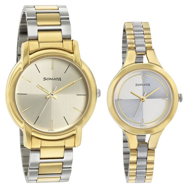 Sonata Quartz Analog Silver Dial Stainless Steel Strap Watch for Couple - image number 0