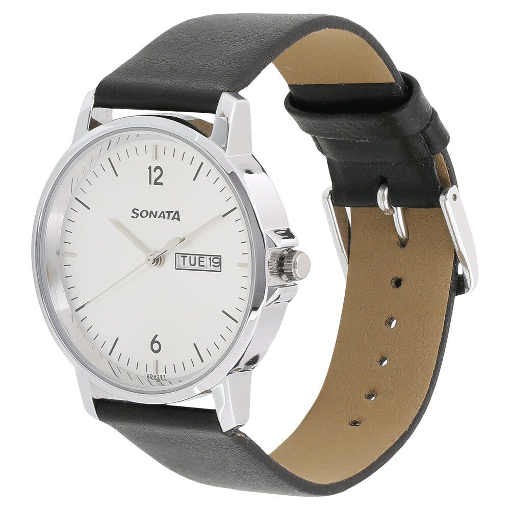 Buy Online Sonata Quartz Analog with Day and Date Silver Dial Leather Strap Watch for Men np77083sl02w Sonata