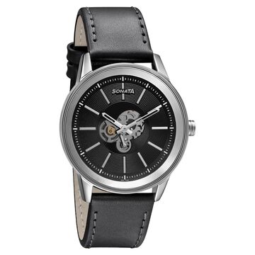 Sonata Quartz Multifunction Black Dial Leather Strap Watch for Men