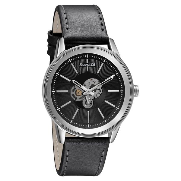 Sonata Quartz Multifunction Black Dial Leather Strap Watch for Men - image number 0