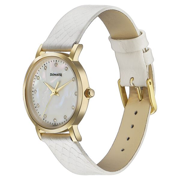 Sonata Glam Gold Quartz Analog Off White Dial Leather Strap Watch For Women - image number 2