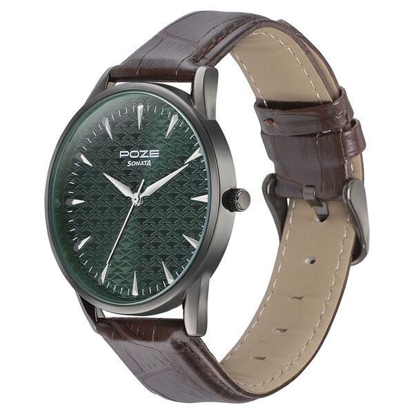 Sonata Poze Quartz Analog Green Dial Brown Color Leather Strap Watch For Men - image number 3