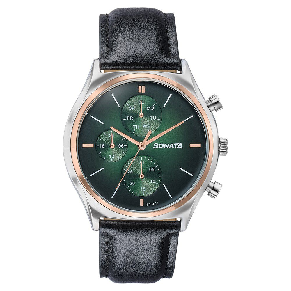 Sonata Festive Quartz Multifunction Green Dial Black Leather Strap Watch For Men-image-13