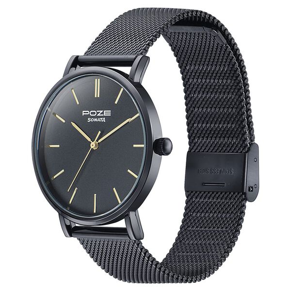 Sonata Poze Quartz Analog Black Dial Black Metal Strap Watch For Men - image number 3
