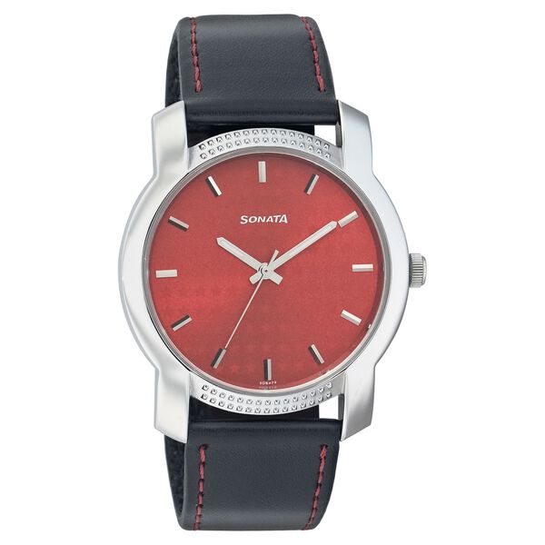 Sonata Quartz Analog Red Dial Leather Strap Watch for Men - image number 0