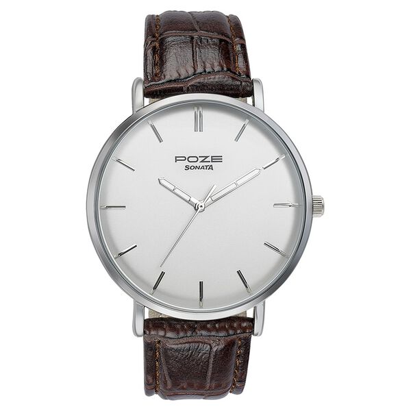 Sonata Poze Quartz Analog Silver Dial Brown Leather Strap Watch For Men - image number 1