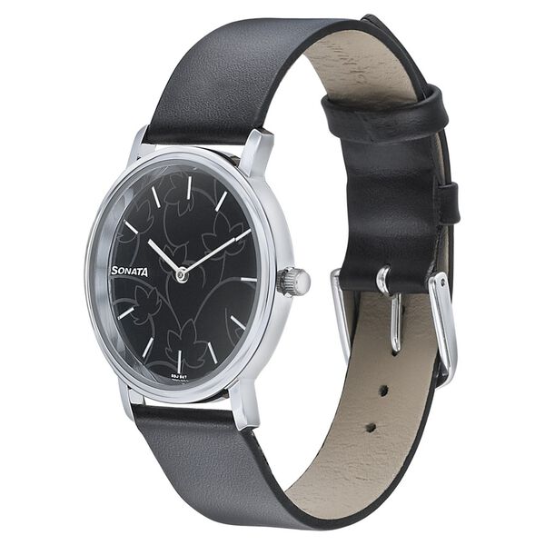 Sonata Silver Lining Black Dial Women Watch With Leather Strap - image number 1