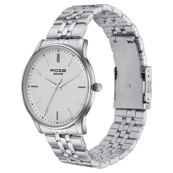 Sonata Poze Quartz Analog Silver Dial Silver Color Stainless Steel Strap Watch For Men - image number 3