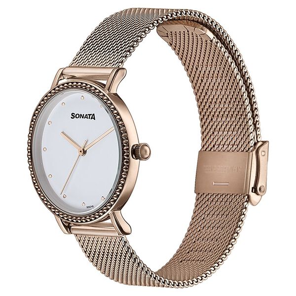 Sonata Quartz Analog White Dial Rose Gold Stainless Steel Strap Watch For Women - image number 3