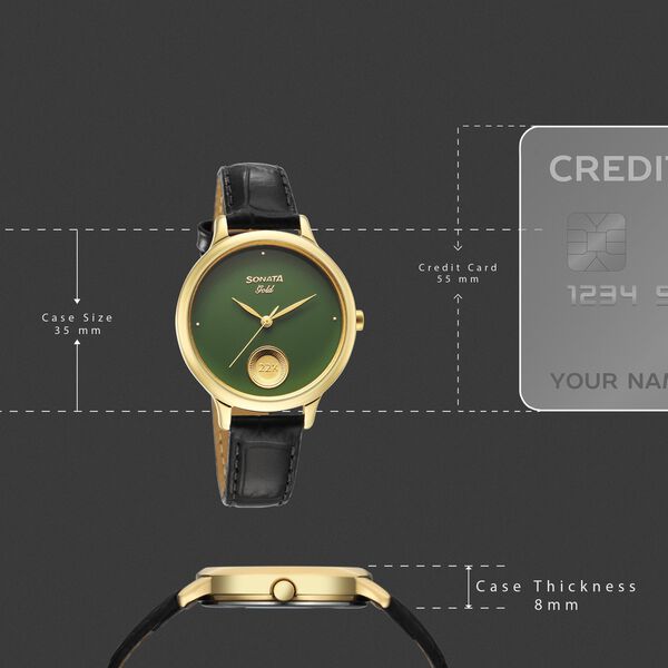 Sonata Gold Quartz Analog Sacred Forest Green With Gold Coin Dial Black Leather Strap Watch For Women - image number 3