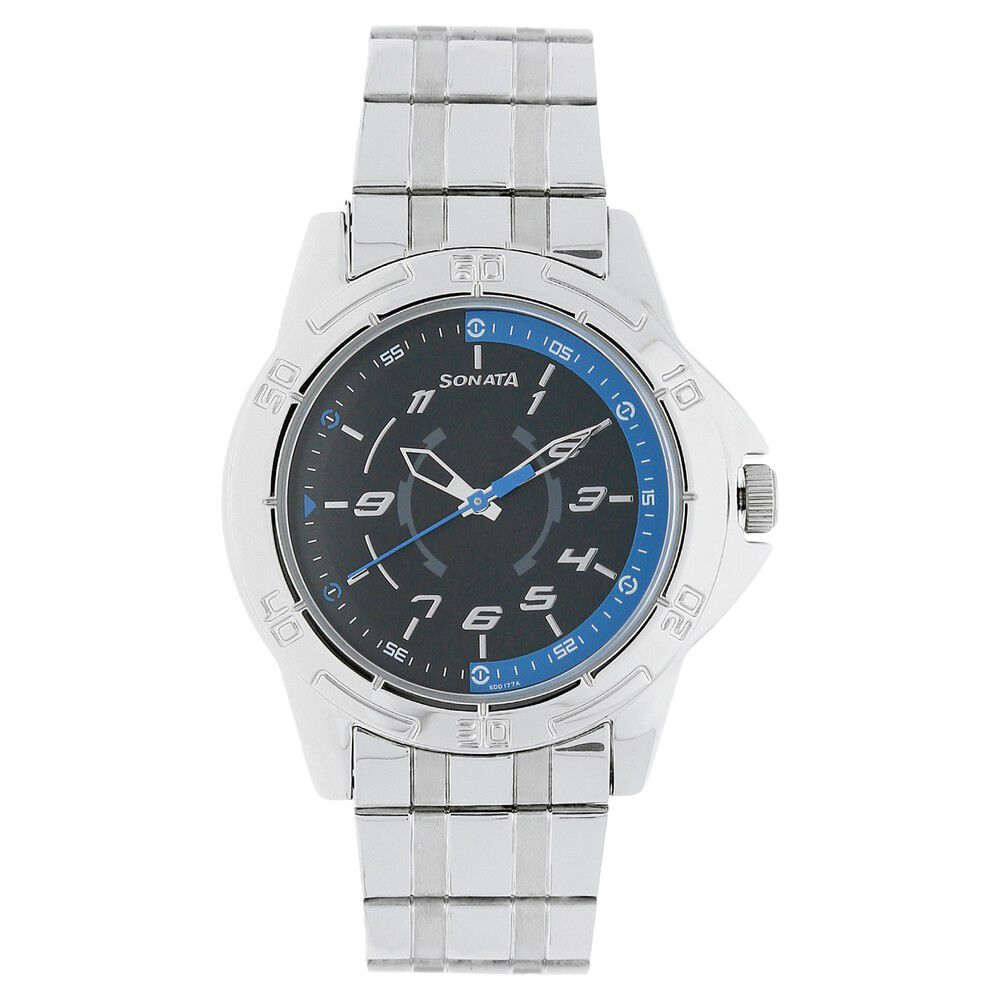 Sonata Quartz Analog Blue Dial Stainless Steel Strap Watch for Men
