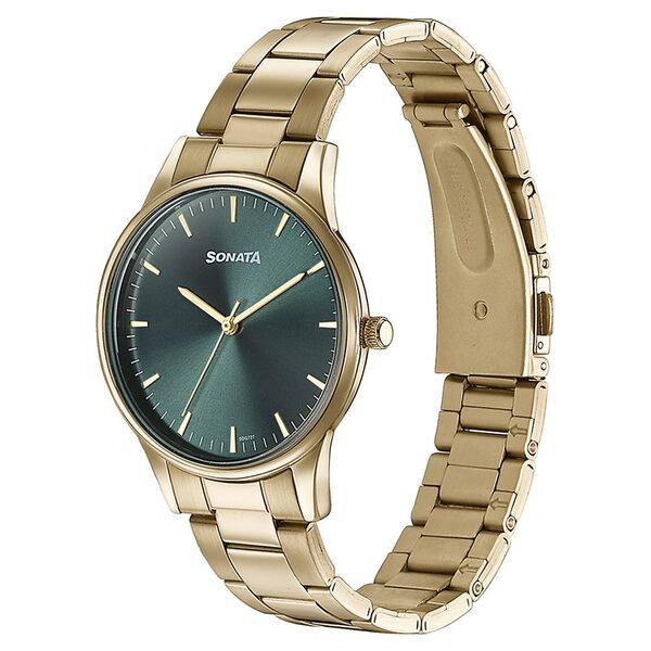 Sonata Quartz Analog Green Dial Golden Stainless Steel Strap Watch For Men - image number 3