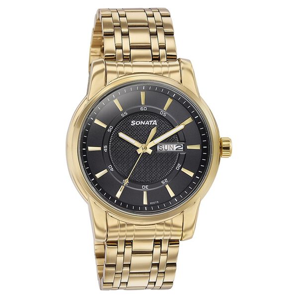 Sonata Quartz Analog with Day and Date Black Dial Golden Stainless Steel Strap Watch For Men - image number 2